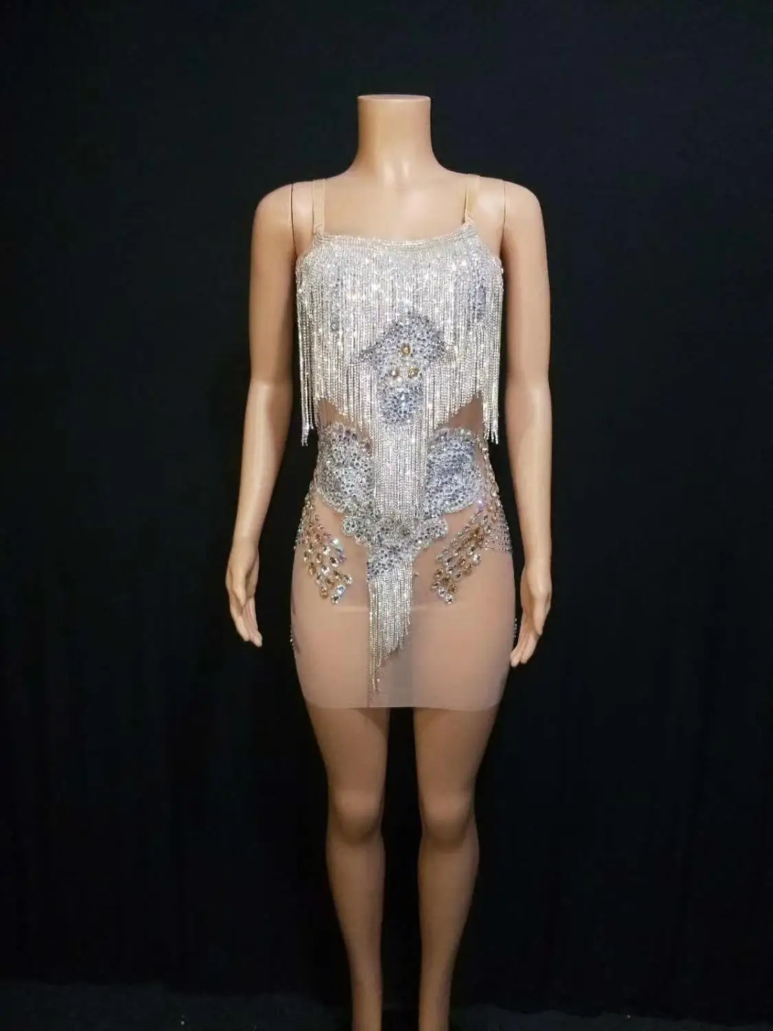 

Sparly Rhinestones Stretch Mesh Perspective Dress Women Birthday Prom Evening Performance Dresses Singer Crystal Tassels Dress