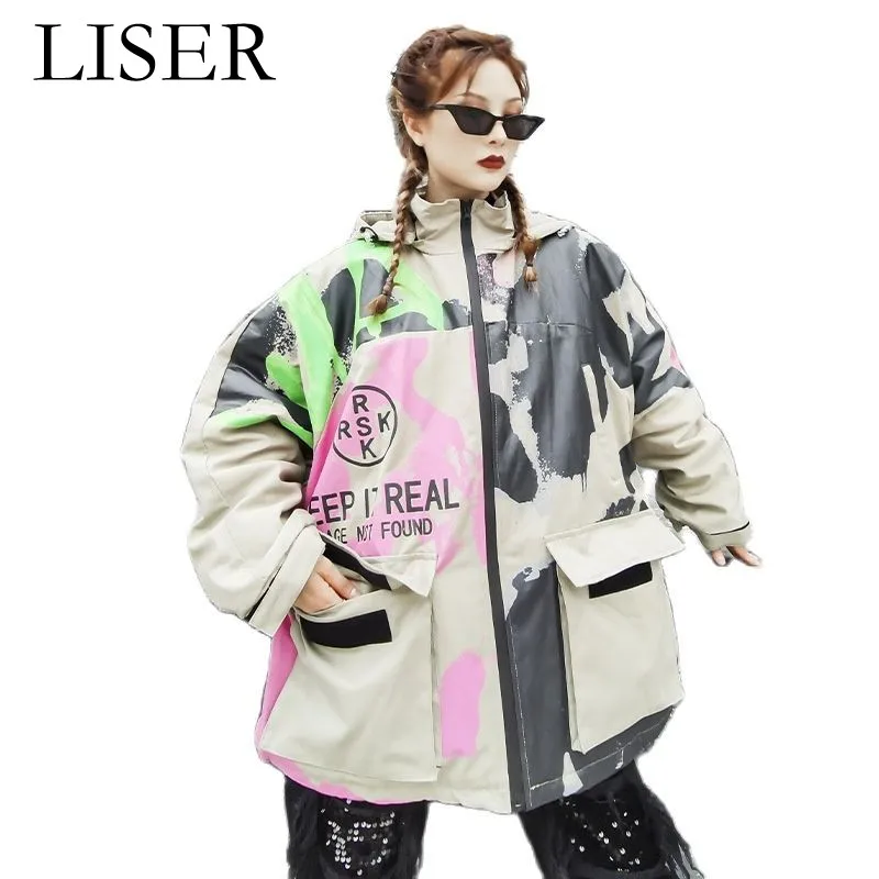 2021 Autumn Winter Fashion New Padded Coat Women Loose Large Size Letter Printing Big Pocket Hooded Parka LL101