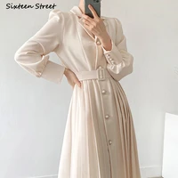new elegant pleated dress women 2022 spring apricot single breasted long sleeve vestido dress woman business clothing