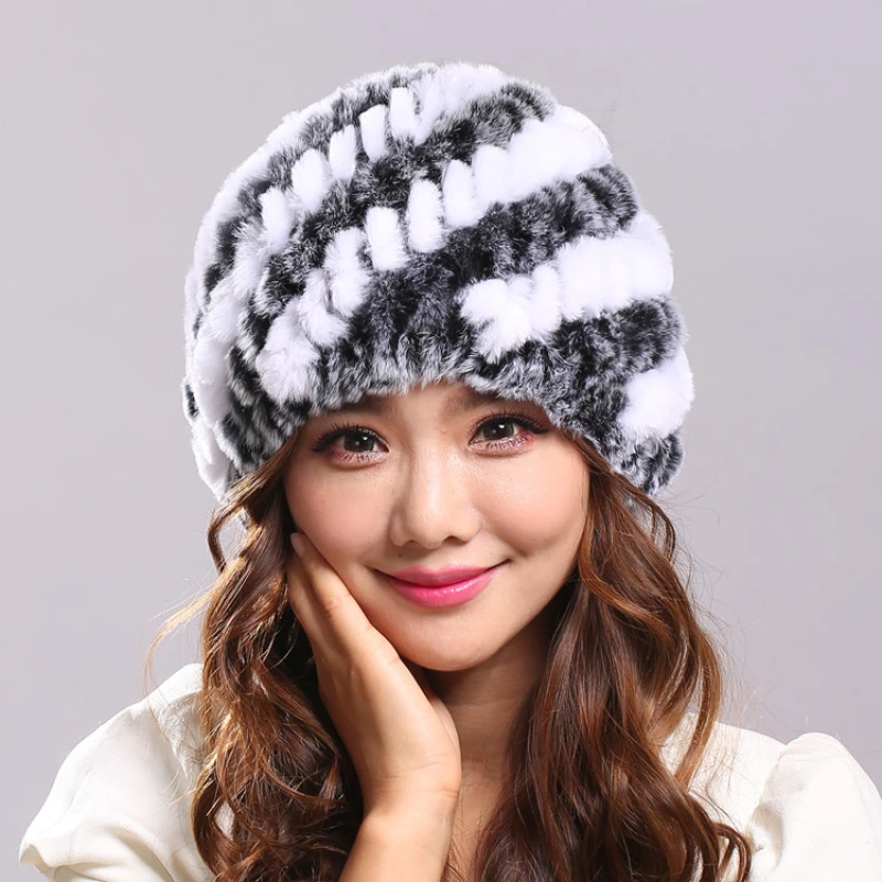 

Rex Hat Ladies Winter Thick Keep Warm Rabbit Fur Hand-woven Pineapple Hat Protect Ears Skullies Striped Weave Beanies for Women