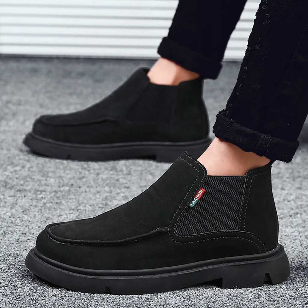 

Fashion Men's Ankle Boots Spring Autumu Solid Flock Flats Shoes Man Quality Slip On Boot Male Non-Slip Motorcycle Boots