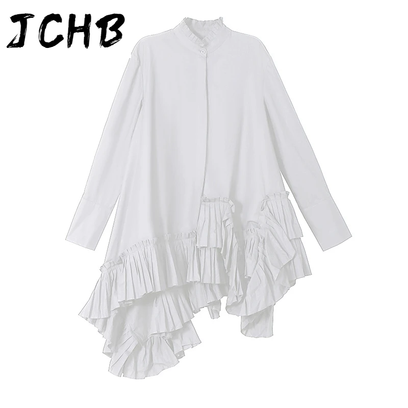 

JCHB Solid Black Stand Collar Hem Pleated Shirt For Women Single Breasted Korea Style New Fashion Tide 2021 Spring GX134