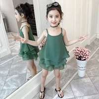girls summer clothes chiffon outfits baby kids girls strap tops shorts 2pcs clothing set 4 12 year children clothes suits
