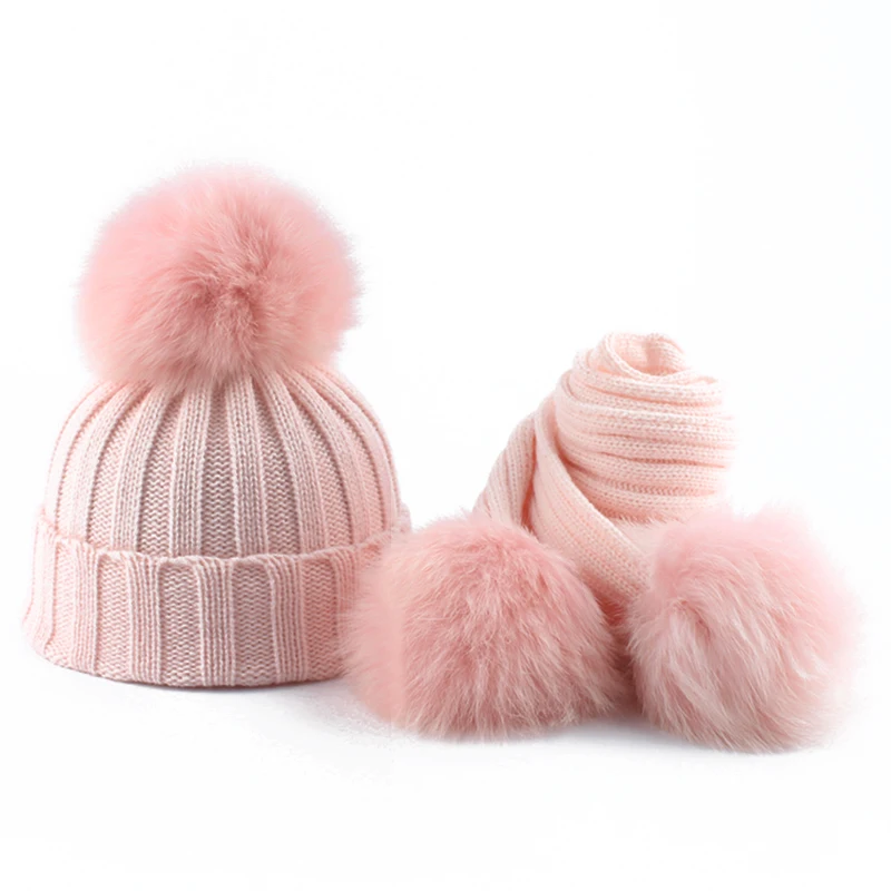 Baby Winter Hat And Scarf For Girls Boys Children Real Fox Fur Pompom Knitting Beanie Hats Kids 3 pieces Pom Pom Hat