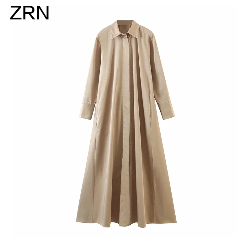 Женское однобортное платье ZRN однотонное Свободное с длинным рукавом и отложным