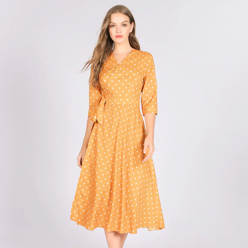 ITOOLIN Yellow Polka Dot Long Dress V-Neck High Waist Wrap A-Line Vintage Casual Women Black Dresses 2020 Spring Autumn | Женская одежда