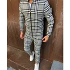 Куртка мужская с воротником-стойкой и молнией, Модный повседневный приталенный спортивный костюм 3D в клетку, комплект из двух предметов