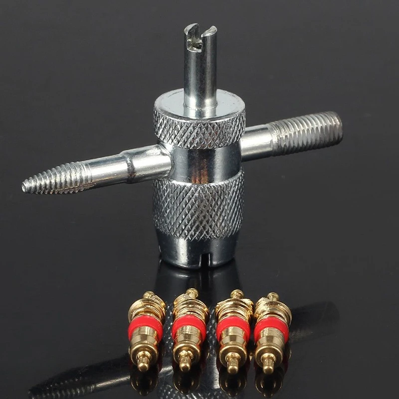 Car Bike 4 Way Tyre Valve Repair Standard Tire Remover Tool + Stem Cores Kit | Tools