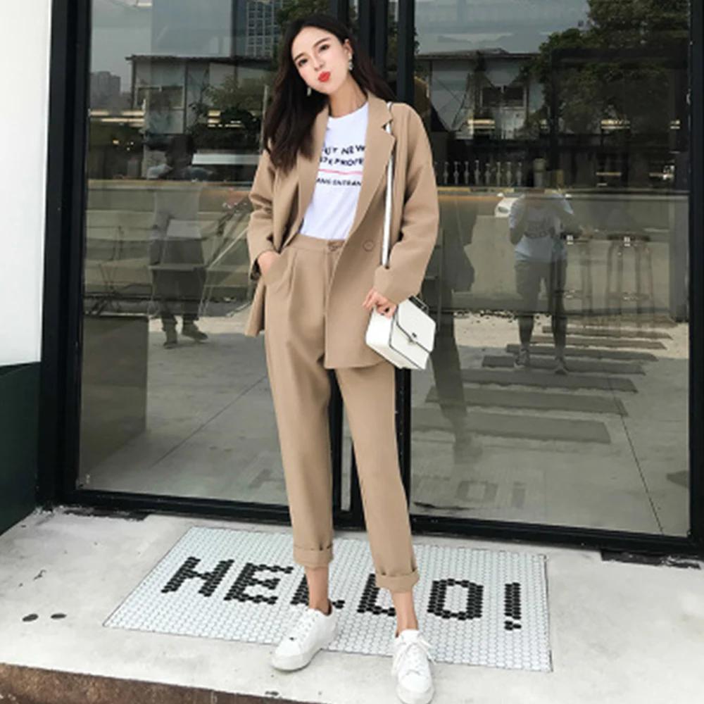 Casual Solid Women Pant Suits Notched Collar Blazer Jacket &amp Pencil Khaki Female Suit Autumn 2019 High Quality | Женская одежда
