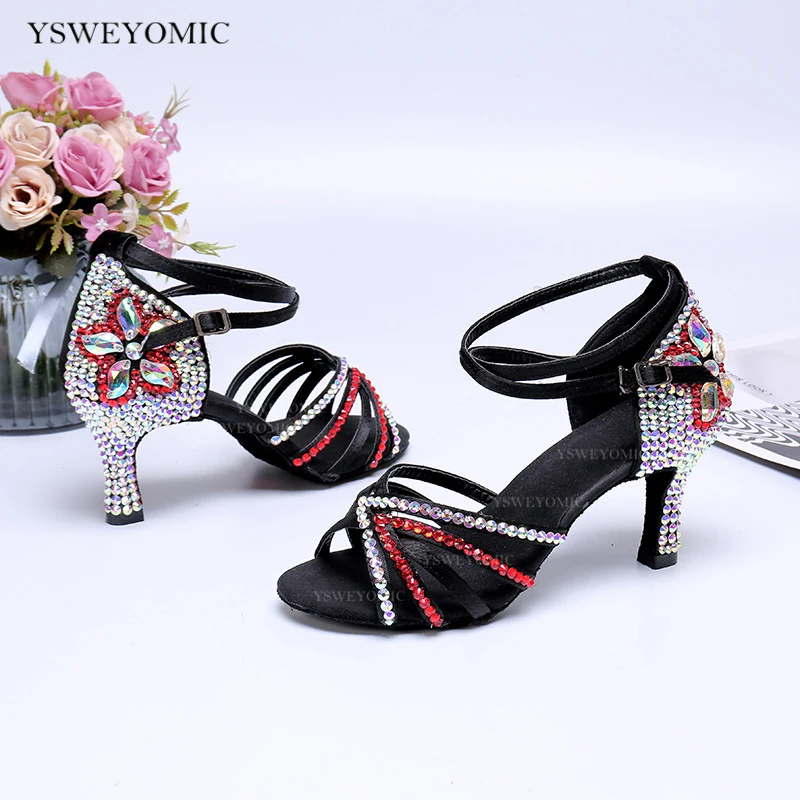 Black Woman Latin Dance Shoes Women's Medium Heels 2.75inch For Salsa Latin Training Shoes Stage Performance Party Soft Bottom
