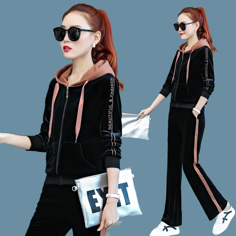 Женский спортивный костюм бархатный свободный на молнии куртка с капюшоном и