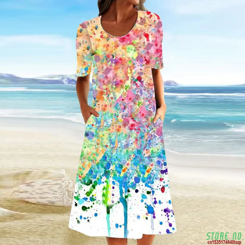 

Elegant Women Colorful Print Casual Dress Vintage O-Neck Short Sleeve Dress With Pockets Summer Ladies Loose Party Dress Vestido