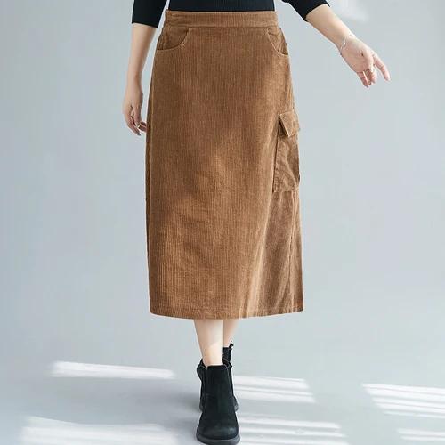 Женская Вельветовая юбка миди с высокой талией и карманами | одежда