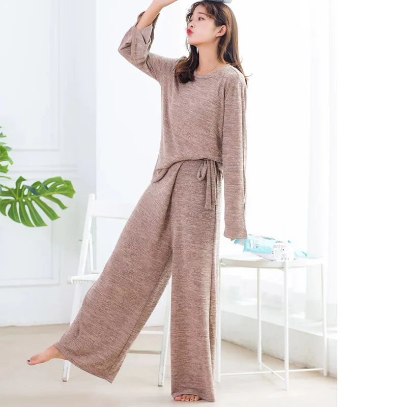 Khaki Комплект из двух предметов, спортивный костюм для женщин, Осень-зима, футболка с длинными рукавами+ штаны, комплект из 2 предметов, домашние костюмы, трикотажные хлопковые свободные пижамы - Цвет: Khaki