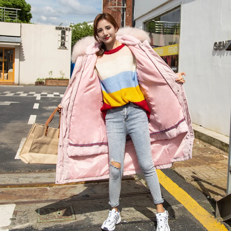 

LISYRHJH Women X-long Wool Liner Jacket 2020 Winter Solid Slim Parkas With Fur Collar Hooded Oversized Thick Chaquetas Mujer