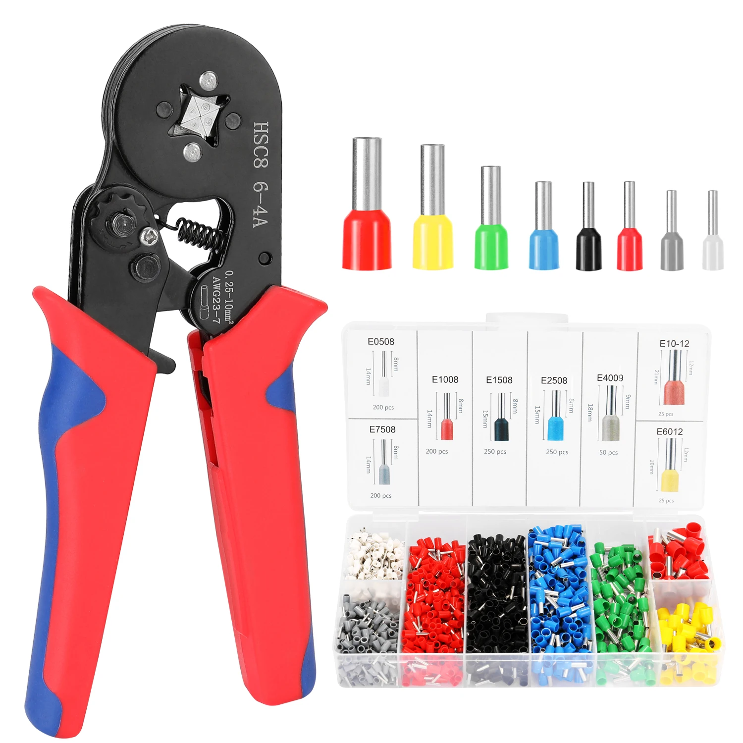 

HSC8 6-4 0.25-10m㎡ AWG23-7 Ferrule Crimping Tool Kit High Hardness Crimper Plier with 1200pcs Wire Ferrules Crimp Ends Terminal