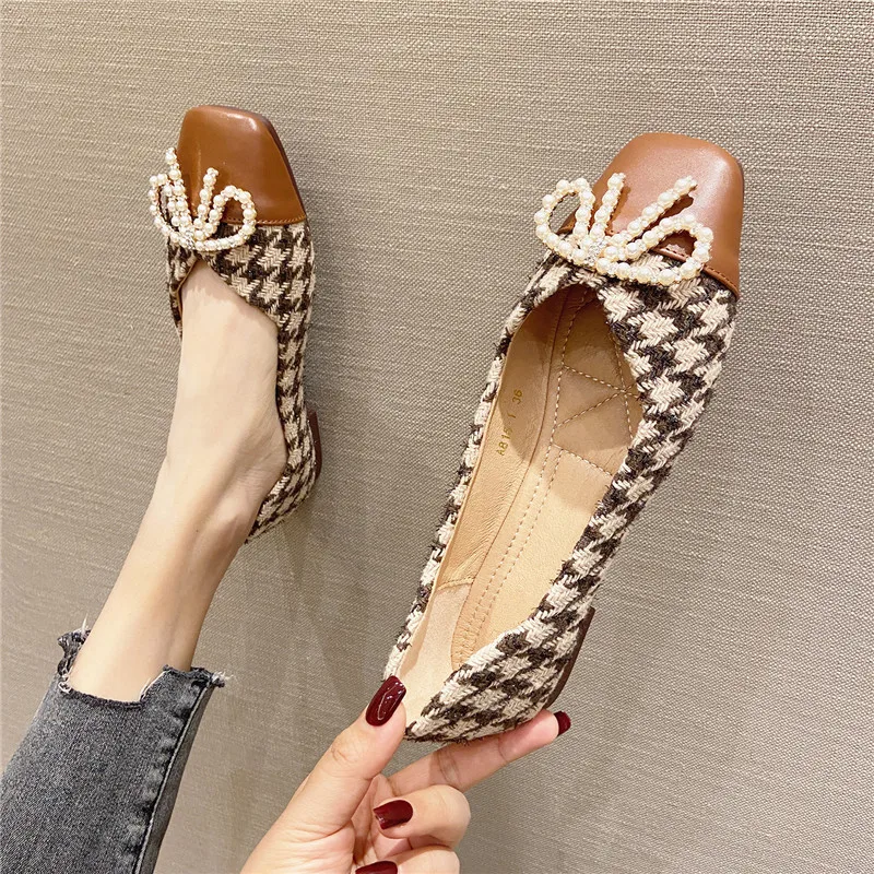 

Fashion Patchwork Women Flats Casual Square Toe Shallow Pearl Bowknot Brand Shoes Comfort Slip On Girl Loafers Zapatos De Mujer