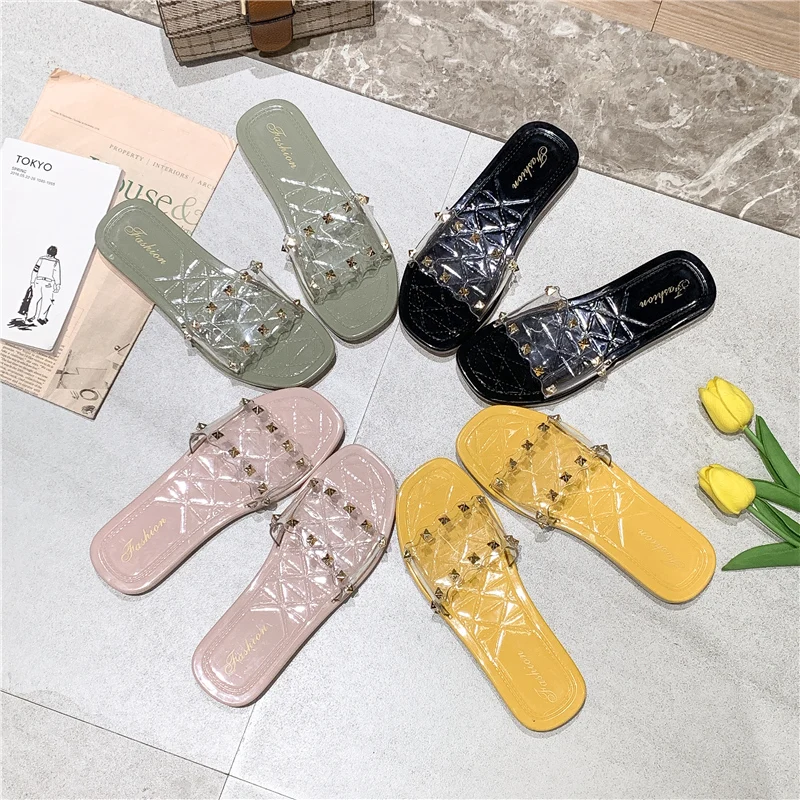 Модные женские шлепанцы на плоской подошве весенняя обувь из ПВХ для платьев и