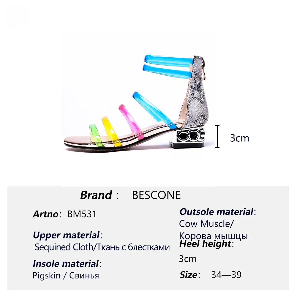 

BESCONE Casual Sandals Women Rainbow Colors Handmade Zipper Transparent Metal Low Heel Sandals Women Sexy Women's Shoes BM531