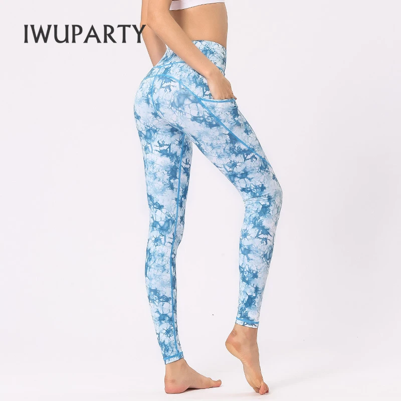 IWUPARTY штаны для йоги с цветочным принтом карманами высокой талией спортивные