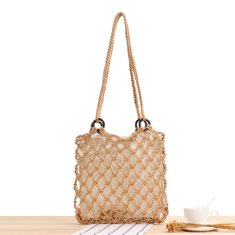

Solid Color Wooden Ring Hollow Out Cotton Rope Braided Handmade Net Pocket Vacation Beach Straw Bag