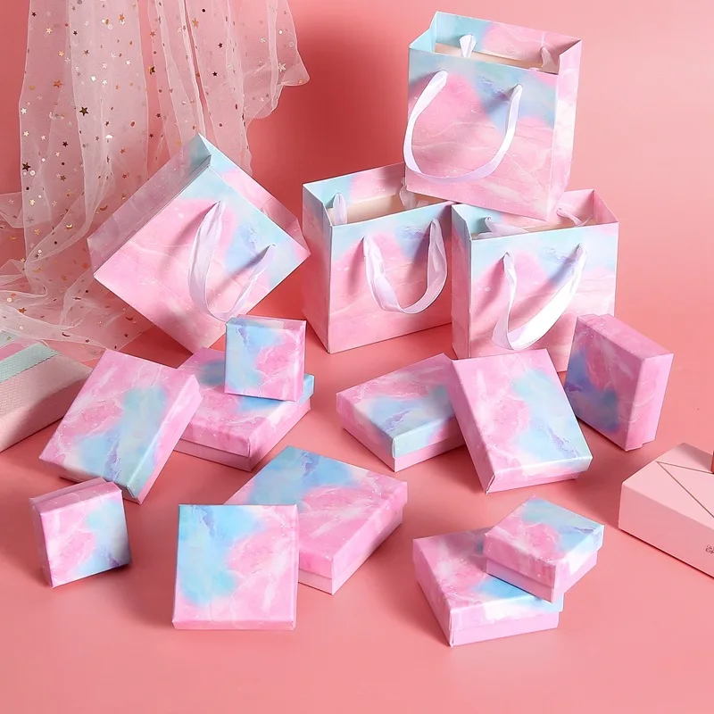 

20pcs Pink Blue Paper Box Packaging Jewelry Earrings Display Thick 1.5CM Black Sponge Necklace Present Wedding Jewelry Gift Box