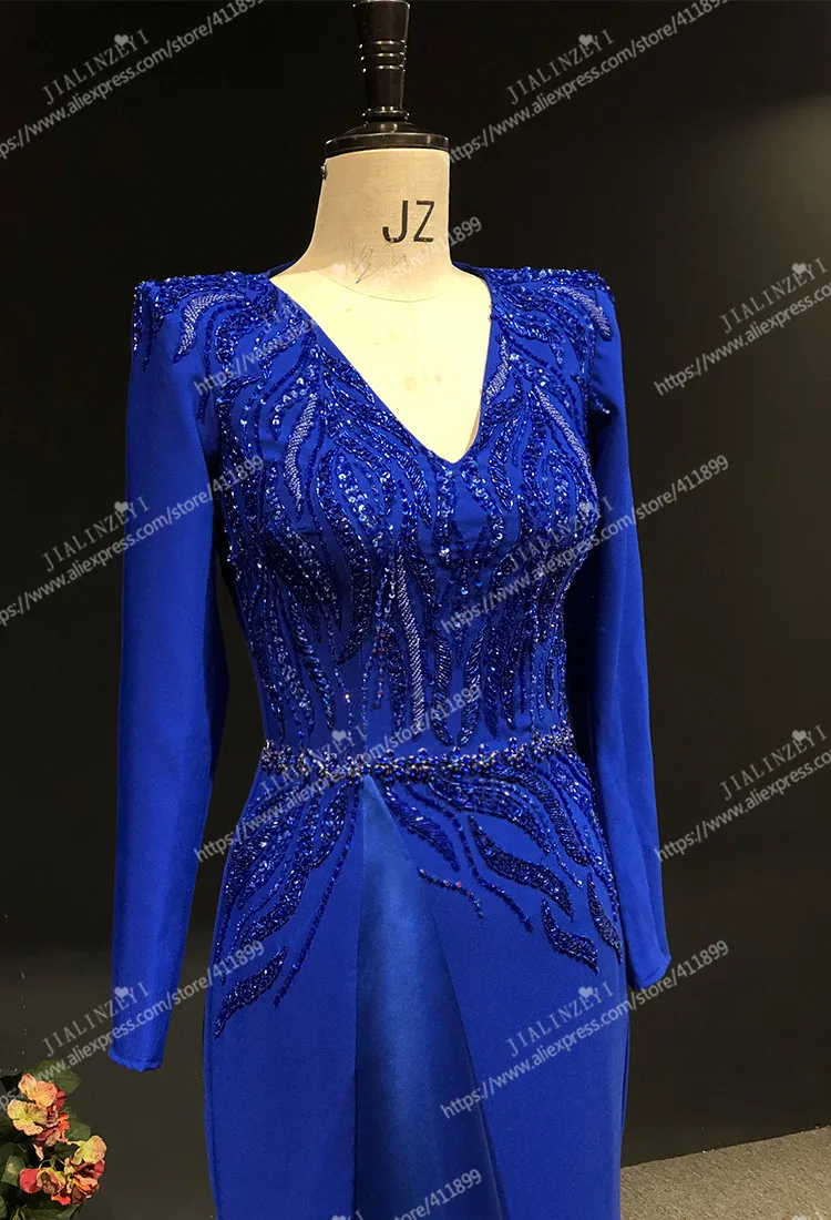 Rhine Real picture Royal Blue V Neck Long Sleeves with Beads Sexy women evening dress long formal dresses