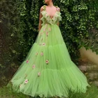Женское вечернее платье на тонких бретельках, зеленое ТРАПЕЦИЕВИДНОЕ ПЛАТЬЕ с оборками на выпускной, с 3D цветами, 2020