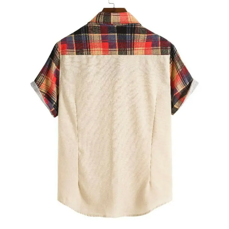 

Mens Short Sleeve T-Shirts Summer Beach Patchwork Botton Up Loose Casual Tops