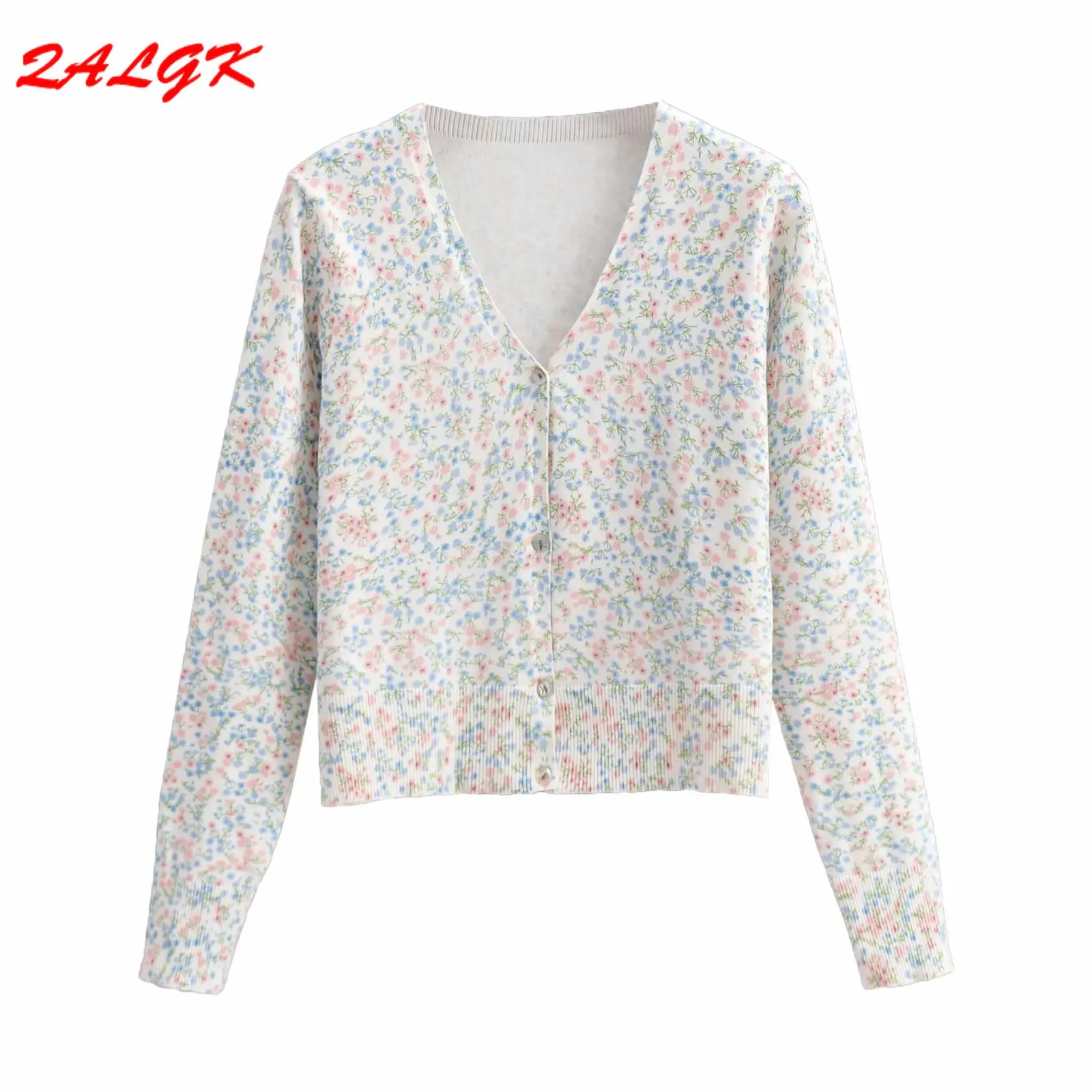 

Women Sweater Knit Bottoming Shirt 2021 Early Autumn New Style European and American Style Floral V-neck Slim Short Cardigan Top