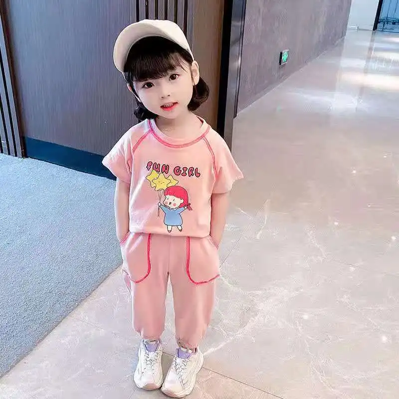 

Summer Girls' Suits Children's two-piece set Short Sleeve Top+Long Pants Children's Casual T-shirt Print Children's Clothing