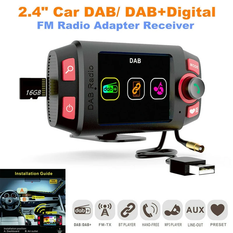 

Автомобильный радиоадаптер DAB +/DAB, 2,4 дюйма, FM-передатчик с Bluetooth, громкой связью и воспроизведением музыки, автомобильный комплект, mp3-плеер