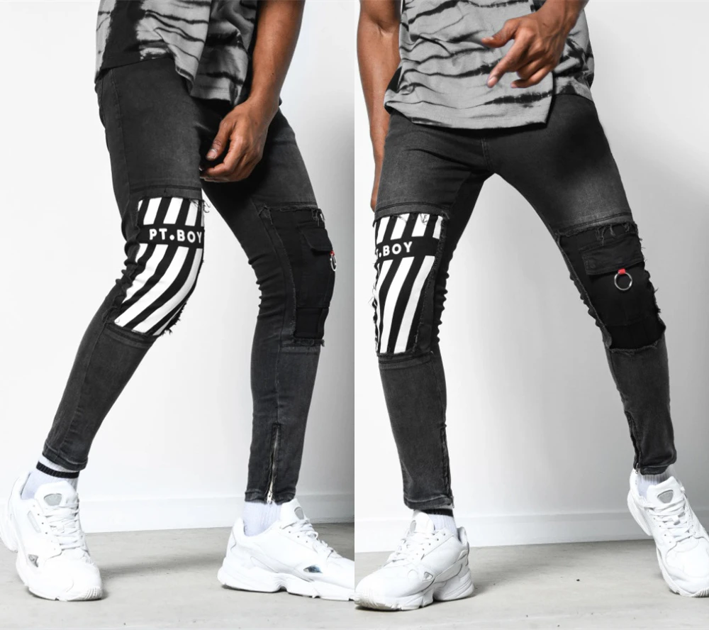 

Рваные узкие джинсы с надписью для мужчин, брюки-карандаш из денима в стиле хип-хоп, модная уличная одежда с карманами, черные штаны, большие ...