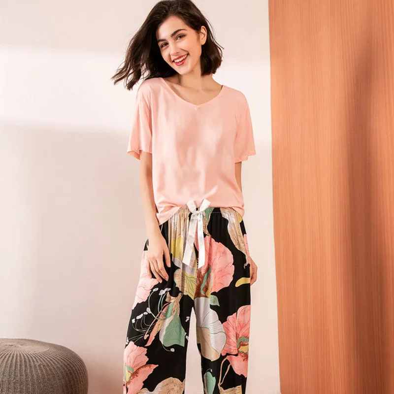 

Breathable 2PCS Pajama Short Sleeve Printed Pijama Mujer Femme Loose Nightwear Suit Female Casual Homewear Pajama Set For Women