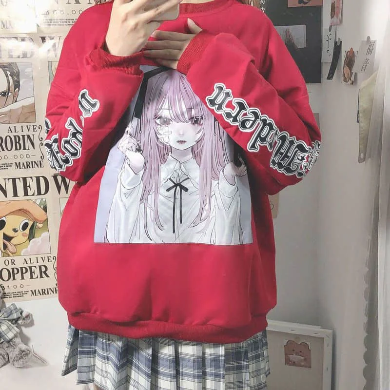 

Sweatshirts men's and women's Harajuku BF autumn and winter new funeral animation printing loose student Plush thickened crew