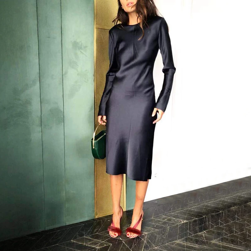 VGH элегантное сатиновое женское платье с круглым вырезом и длинными рукавами