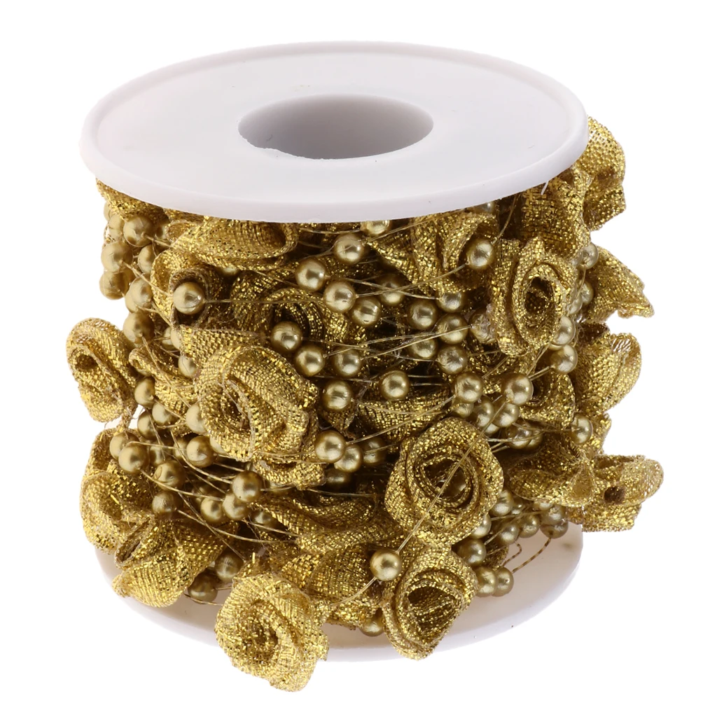 

10m Rose Flower Pearls Beads String Roll Wedding Bridal Bouquet Party Decoration