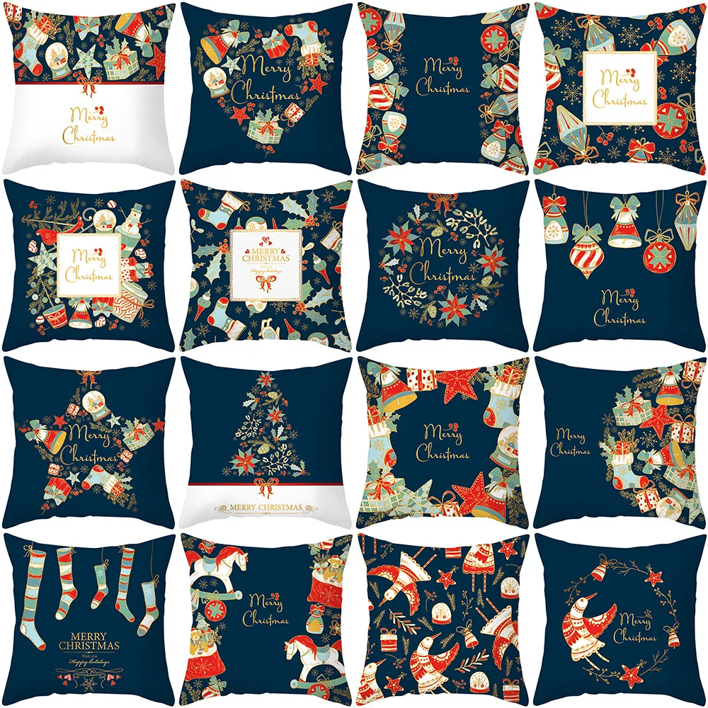 

Happy 2021 Blue Christmas Pillow Cover Peach Skin Velvet Pillow Cases Cartoon Santa Claus Pattern Sofa Cushion Covers Xmas Decor
