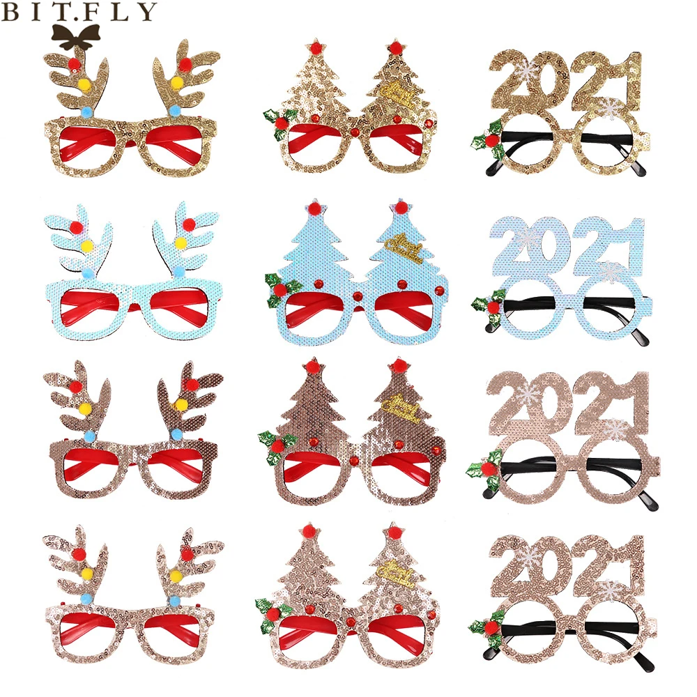 

2021 Christmas Glasses Snowflake Xmas Tree Elk Non-Woven Glasses Happy New Year Party Photo Props Christmas Decorations For Home