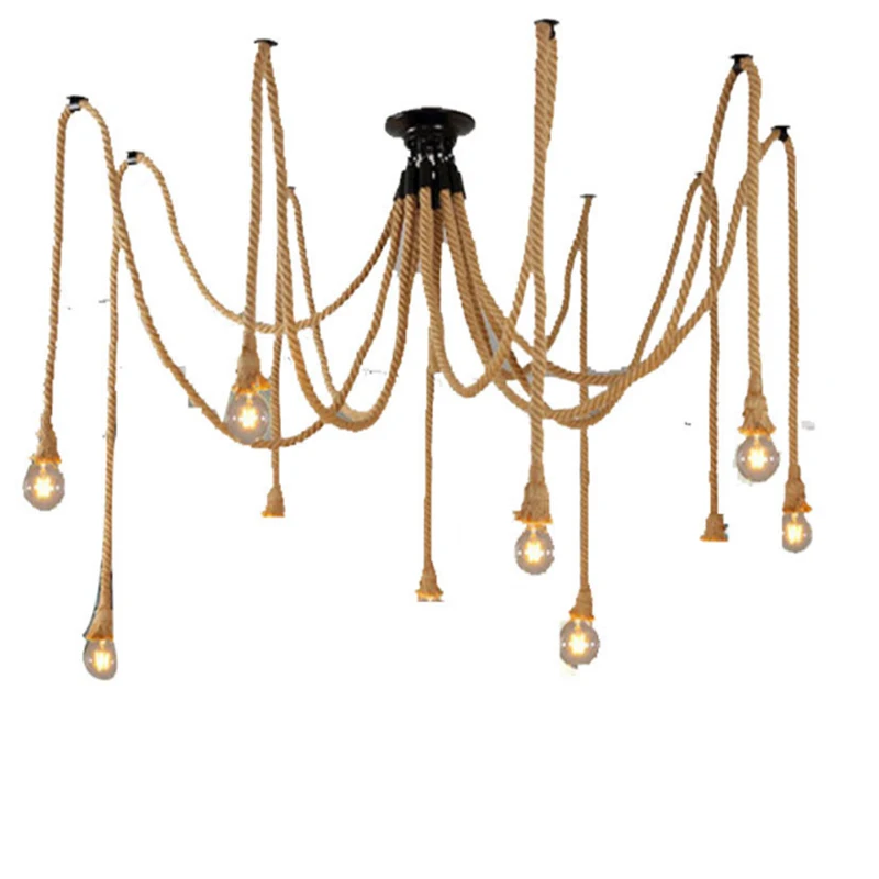 Винтажная Подвесная лампа из пеньковой веревки многоголовочный Ретро