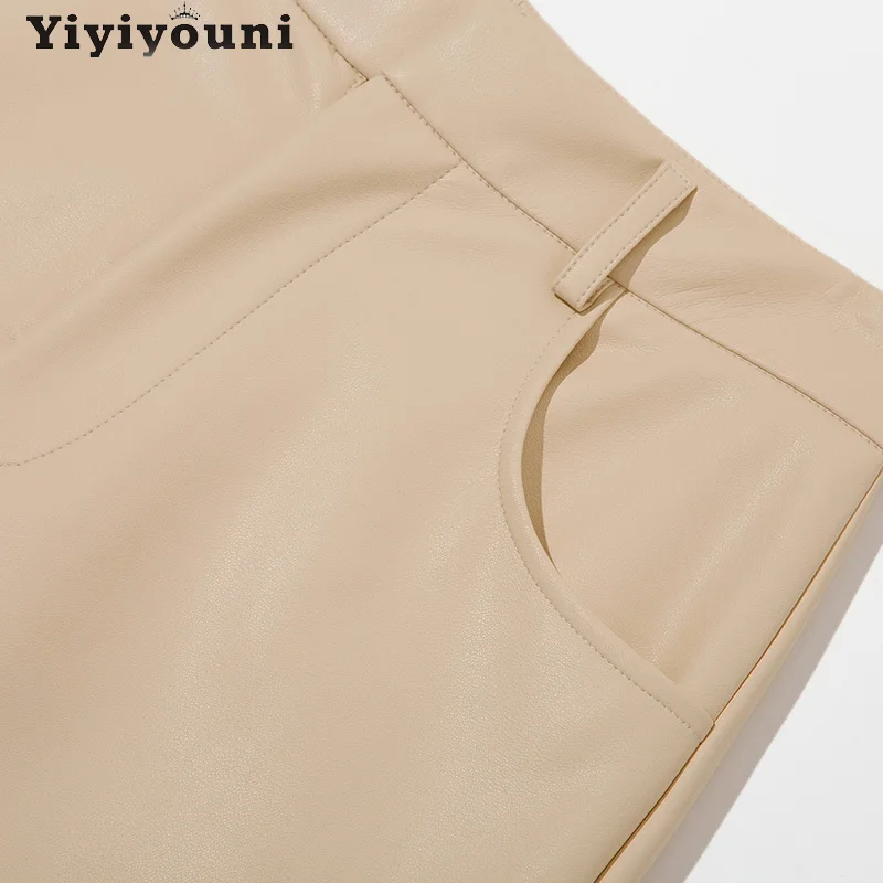 

Yiyiyouni High Waist Spliced Straight Leather Pants Women Autumn Winter Casual Faux Leather Trousers Female Black Pants 2021