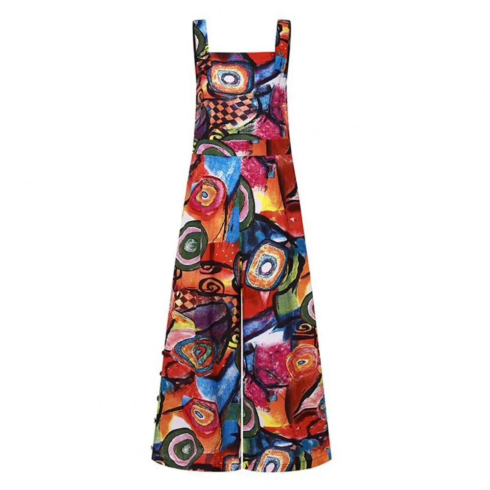 

Women Sling Playsuit Abstract Oil Painting Print Wide Leg Middle Waist Square Collar Romper Street Wear