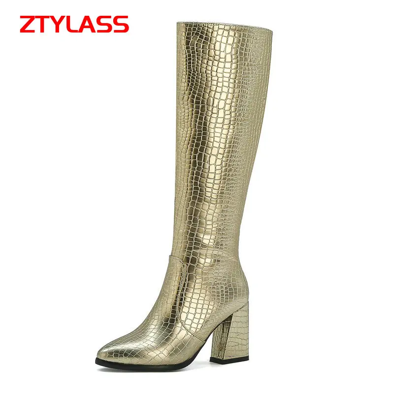 

Autumn Women Boots Faux Leather Knee High Boots Fashion Zipper Pointed Toe High Heel Boots Black Gold Green