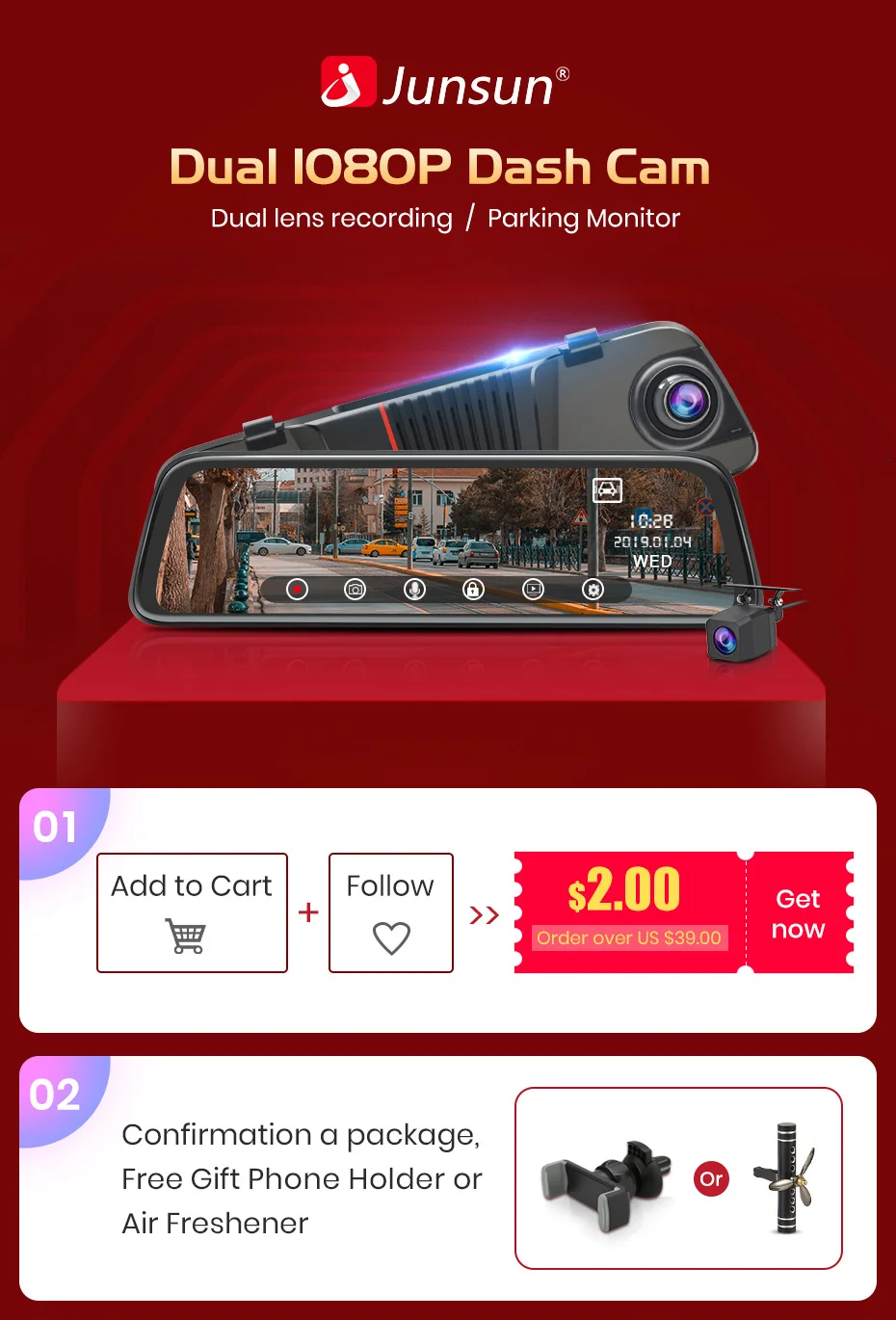 Junsun Назад камера 1080 P dvr автомобиля двойной объектив регистраторы 10 ''ips сенсорный экран зеркало заднего вида регистрация вождения регистраторы