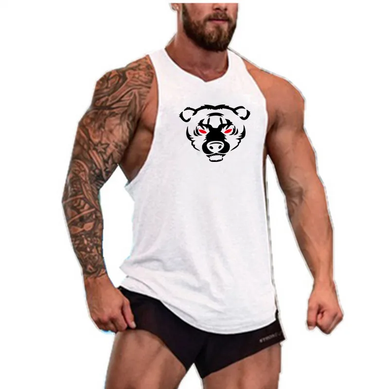 

New Cotton Gym Bear Print Tank tops Men's Sleeveless Vest Boys Workout Clothes Undershirt Fitness Threading Tank top M-2XL