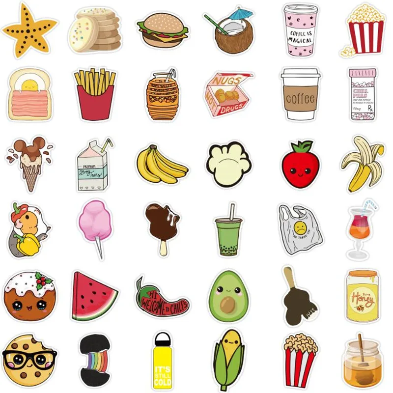 Pegatinas impermeables para guitarra y Skateboard, decoraci&oacute;n de juguetes de comida fresca, grafiti, cuaderno de dibujos animados, 10/30/50 Uds., venta al por mayor-5