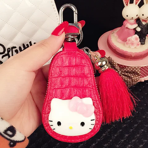 Hello kitty автомобильный чехол для ключей меховой шар Кисточки Брелок с пушистым кроликом Стразы кожа Женская молния набор ключей брелок держатель брелок