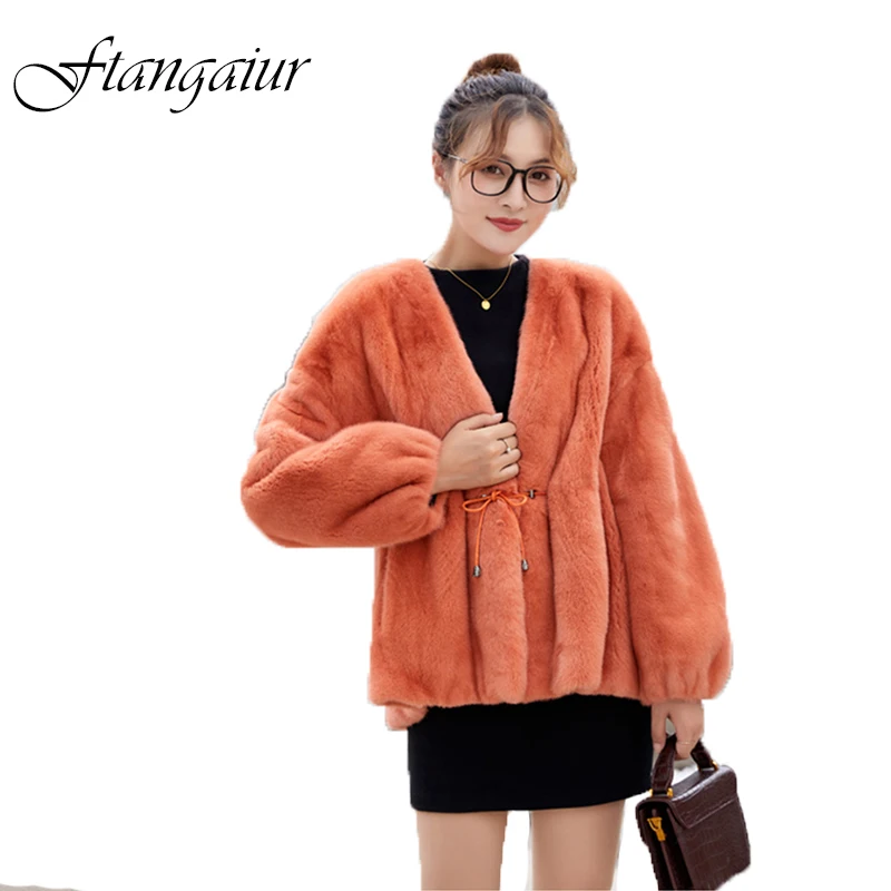 

Ftangaiur New Winter Import Velvet Mink Fur Coat Women Full Sleeve Short V-Neck Solid With Sashes Natural Real Mink Fur Coats