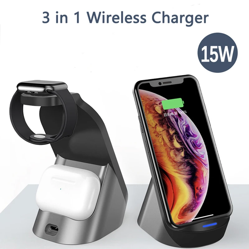 

15W Qi Wireless Charger For iPhone 12 11 pro XR Samsung Wireless Charging Station for iWatch 5 4 3 2 1 Charger for Airpods 2 3