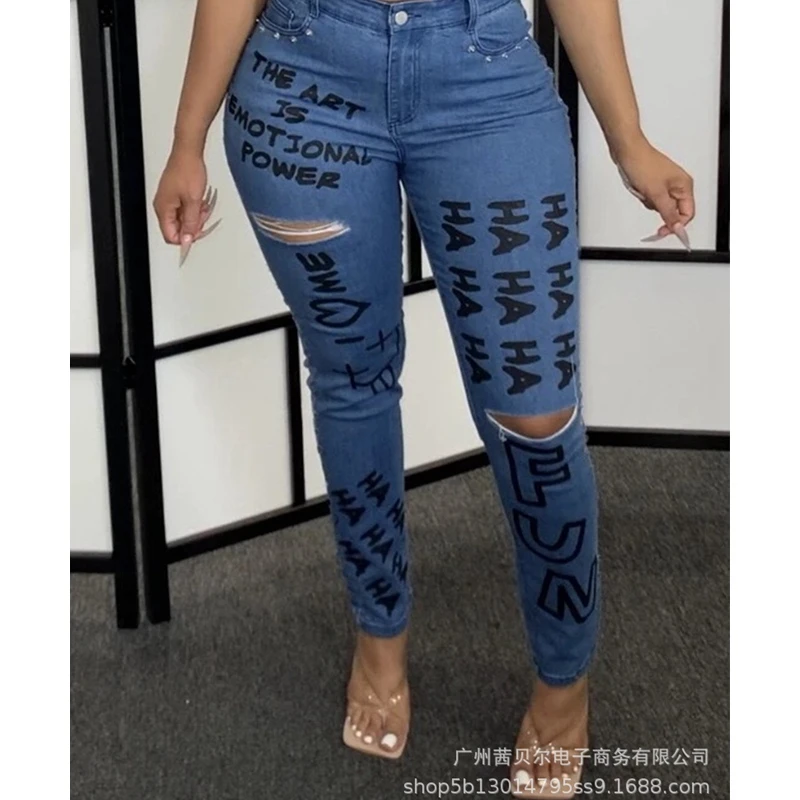 

WEPBEL Jeans Women's Casual Letter Printed Slim Jeans Summer Sexy Mid Waist Ripped Button Denim Pencil Pants